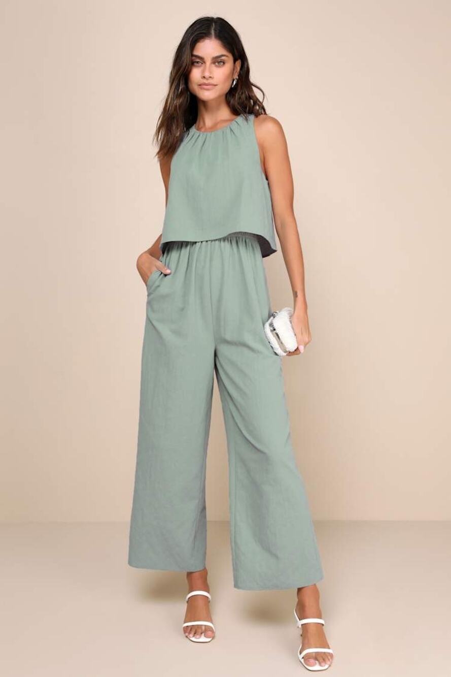NWT Lulus Breezy Sophistication Sage Green Textured Wide-Leg Jumpsuit Size XL